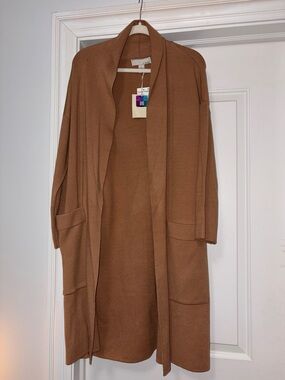 Open-Front Long Women’s Cardigan Sweater — Camel Brown